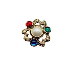 Vintage Jeweled Pin Brooch Gold Tone with Multicolor Stones Gripoix Style Pin